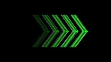 Five glowing green arrows pointing to the right on black background, futuristic directional symbol, modern streamlined movement indicator