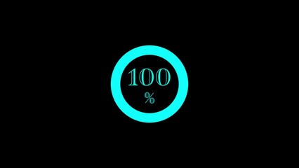 Cyan circular progress indicator displaying "100%" on black background, futuristic digital completion gauge, modern minimalist design for tracking progress