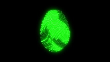 Glowing green fingerprint on black background, futuristic biometric authentication concept