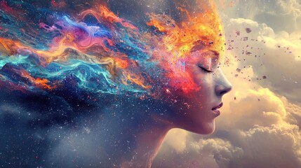 A vibrant, abstract profile portrait of a serene figure.