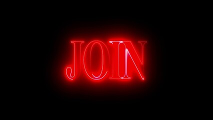 Glowing red neon "JOIN" text on black background, bold illuminated lettering for digital engagement, futuristic recruitment concept, high-tech branding