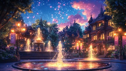 Enchanting, fairytale town square at twilight.