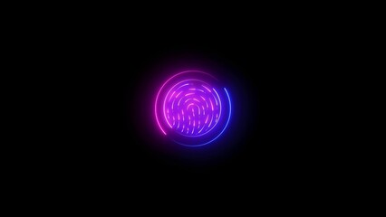 Glowing blue nad pink fingerprint inside futuristic square frame on dark background, digital biometric authentication icon, high-tech security concept, advanced identification technology
