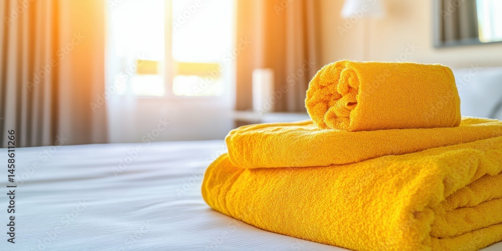 Poster a stack of yellow towels on a bed. the towels are folded neatly and are placed on top of each other.