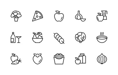 Food related vector linear icons set. Isolated icon collection such as broccoli, pizza, apple, garlic, blender and more.
