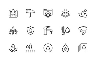 Water resistance related vector linear icons set. Isolated icon collection such as textile, smart devices, rain, umbrella, drop and more.