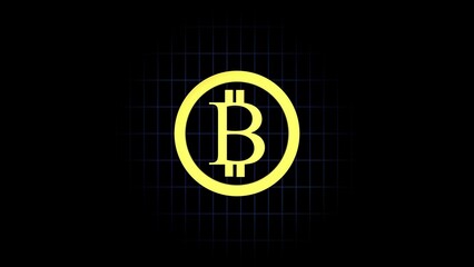 golden Bitcoin symbol on black background with subtle grid pattern, cryptocurrency icon representing digital transactions, blockchain technology, decentralized finance, and investment concept