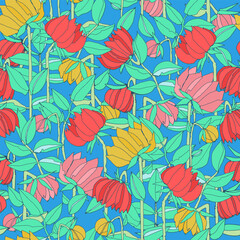 Seamless pattern with hand drawn meadow bold flowers. Colorful illustrations on blue background for surface design and other design projects