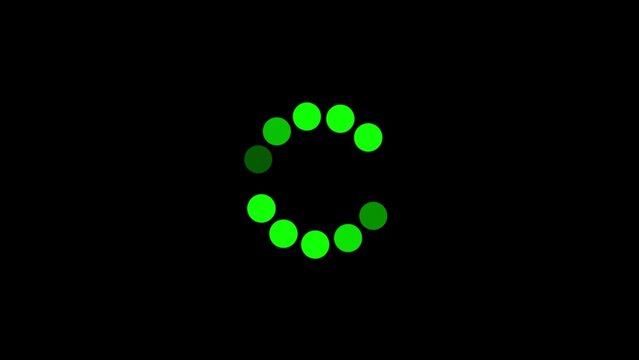 Loading icon with circular green dots on black background, digital buffering animation, abstract wait indicator, technology interface element, seamless graphic for online processes, UI/UX design asset