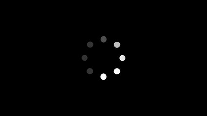 Loading icon with circular white dots on black background, digital buffering animation, abstract wait indicator, technology interface element, seamless graphic for online processes, UI/UX design asset