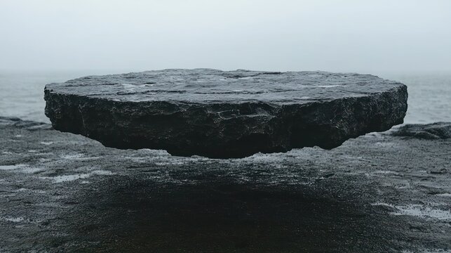 Flat rock over ocean, overcast, monochromatic, serene scenery - Powered by Adobe