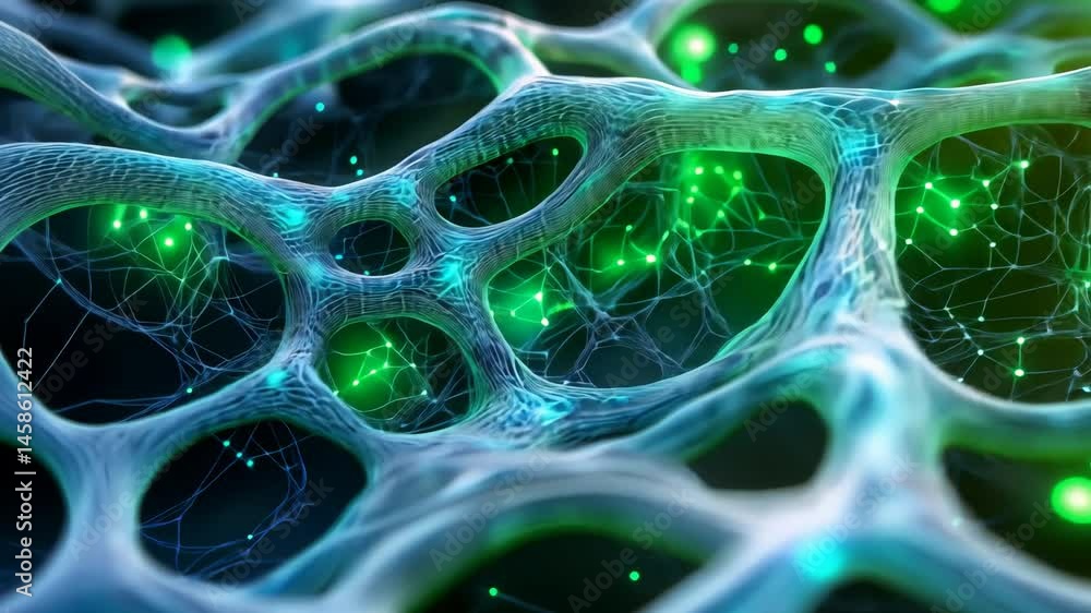 Poster abstract neural network connection visualization with green and yellow light.