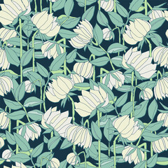 Seamless pattern with hand drawn meadow bold flowers. Colorful illustrations on blue background for surface design and other design projects