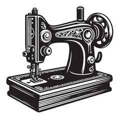 Silhouette illustration of a classic vintage sewing machine on white background, A Sewing machine vector silhouette on a white background, Minimalist Sewing Machine Vector Silhouette, sewing machine.