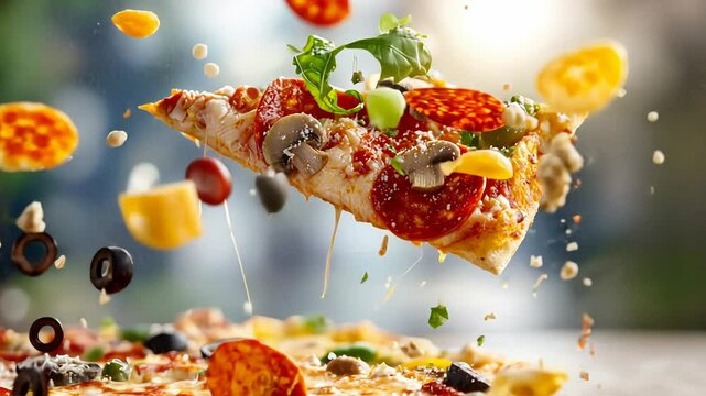 Delicious pizza slice with toppings mid-air: dynamic food art for culinary enthusiasts.