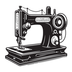 Silhouette illustration of a classic vintage sewing machine on white background, A Sewing machine vector silhouette on a white background, Minimalist Sewing Machine Vector Silhouette, sewing machine.