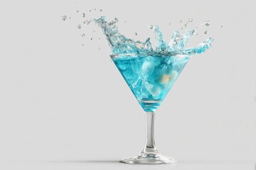 Vibrant blue cocktail splashing out of a martini glass, set against a clean, minimalist backdrop.