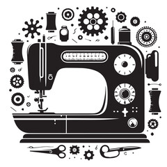 Silhouette illustration of a classic vintage sewing machine on white background, A Sewing machine vector silhouette on a white background, Minimalist Sewing Machine Vector Silhouette, sewing machine.