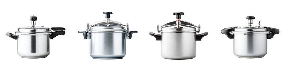 Stainless steel pressure cookers on a white background.