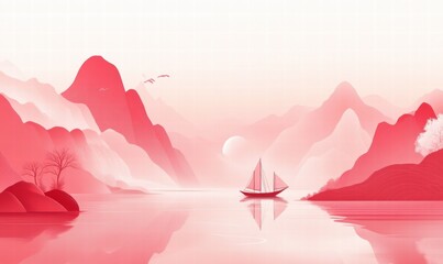 Lonely boat among red mountains and rivers