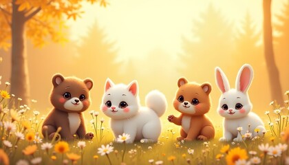 Naklejka premium Kawaii Bunny and Friends in Autumn