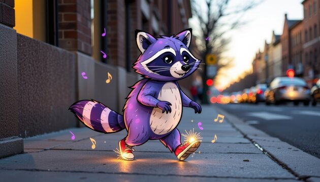 A doodle raccoon in pastel galaxy shades is moonwalking across a real city sidewalk with sparkled music notes floating around