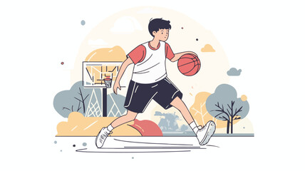 Teenager Playing Basketball Outdoors In Summer Illustration With Flat Design Style