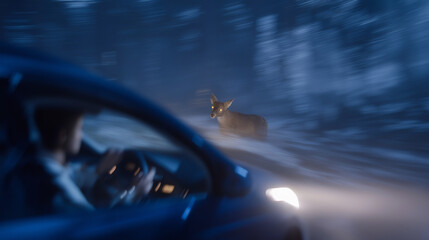 Driver Slowing Down for Deer in Foggy Night Forest