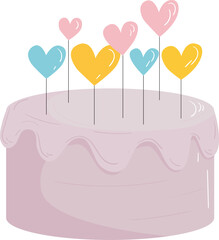 Vector illustration of a festive pink cake with dripping cream and decorated with hearts. Isolated on transparent background.