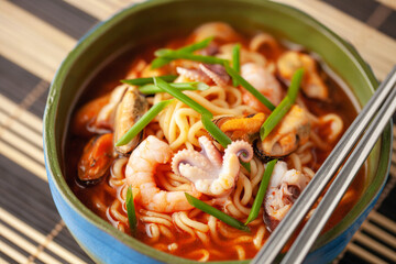 Jjamppong. Korean Seafood Noodle Soup in Bowl. Asian cuisine.