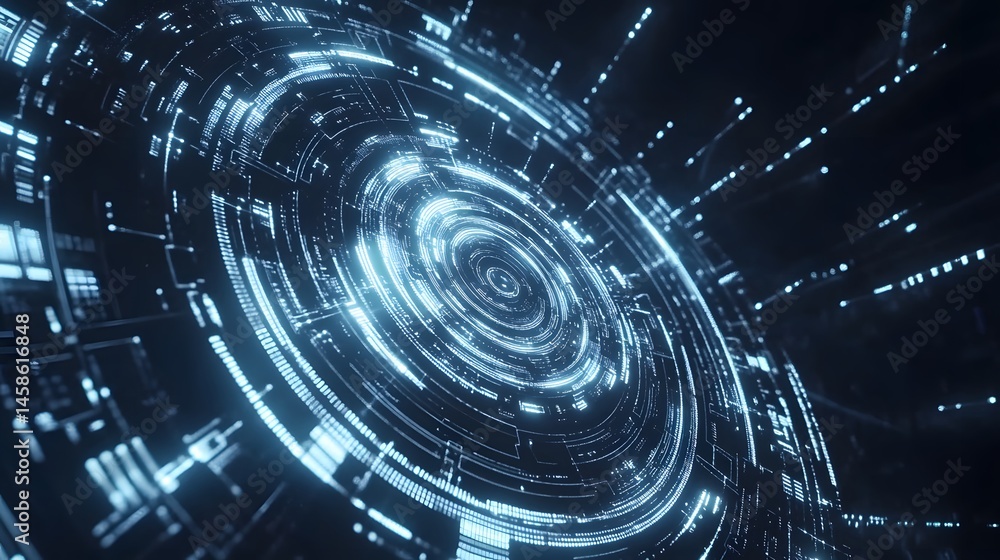 Poster abstract digital design featuring concentric circles and glowing lines.
