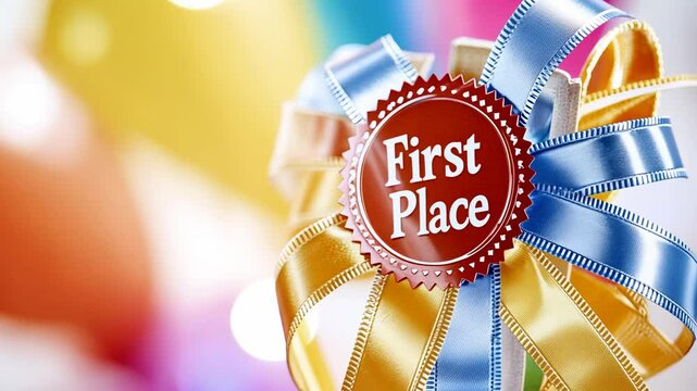 Colorful first place award ribbon with vibrant multi-colored background.