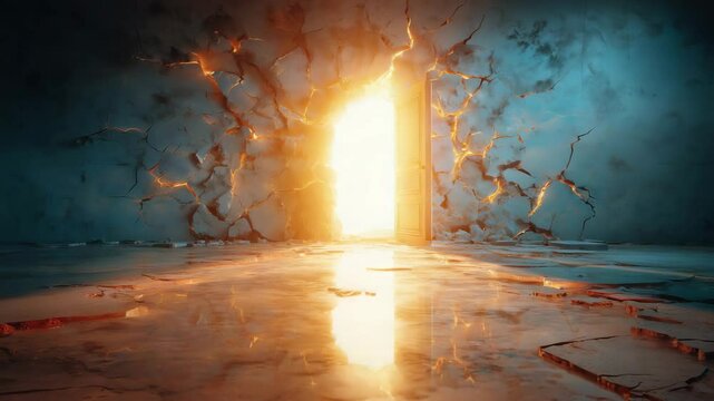 A glowing door set in a cracked wall emits bright light, reflecting on a shiny, fractured floor in a surreal and dramatic setting. Glowing doorway symbolism. 