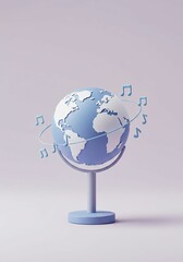 Fototapeta premium Earth globe with musical notes orbiting it on a stand. Concept of world music day and global melody. Suitable for banner poster for advertising cultural event.