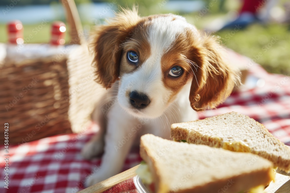 Aufkleber puppy playfully stealing sandwich during a fun summer picnic in the park with friends and family gen
