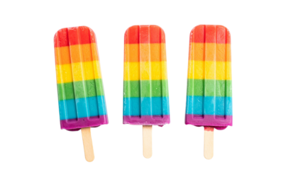 Colorful rainbow ice cream popsicles on sticks isolated on solid white background in Png format 