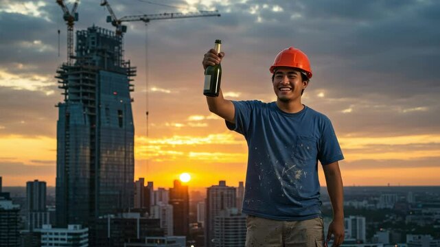 Construction Worker Celebrating Project Completion at Sunset - A happy construction worker raises a bottle of champagne in celebration against the backdrop of a cityscape at sunset.  The newly complet