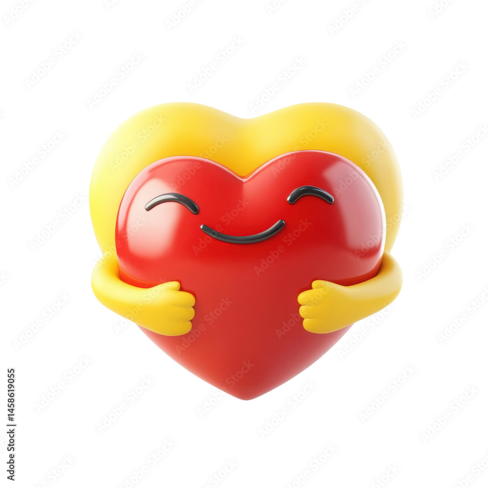 Poster 3d cute cartoon heart character hugging itself isolated on transparent background
