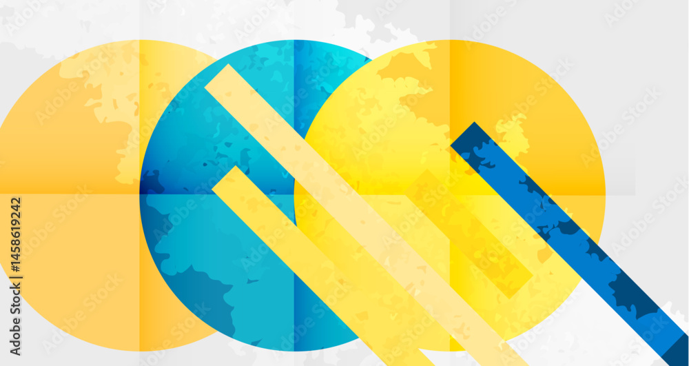 Poster abstract geometric design. circles overlap, creating dynamic visual effect. yellows, blues dominate 