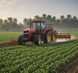 Fototapeta premium Large tractor applying pesticide to soy plants , crop protection, outdoor