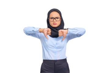 Portrait of annoyed young Asian woman showing thumbs down isolated on transparent background