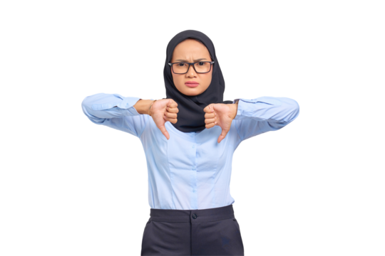 Portrait of annoyed young Asian woman showing thumbs down isolated on transparent background