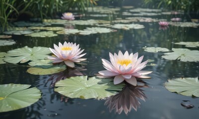 Delicate watercolor water lilies, serene garden setting , texture, background