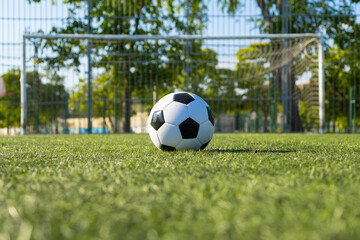 Soccer ball resting on lush green field in front of goal post