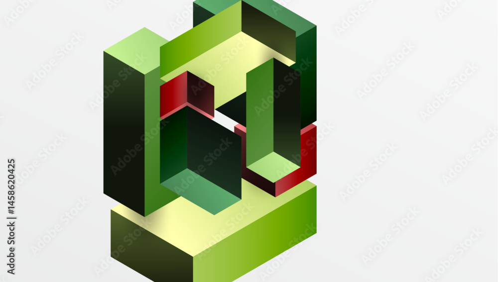Aufkleber Isometric cube structure. Green, red hues create optical illusion. Complex geometry, nested shapes suggest depth, perspective.