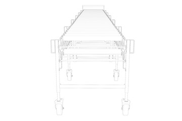 White Wireframe Illustration of an Expandable Scissor Roller Conveyor on Wheels