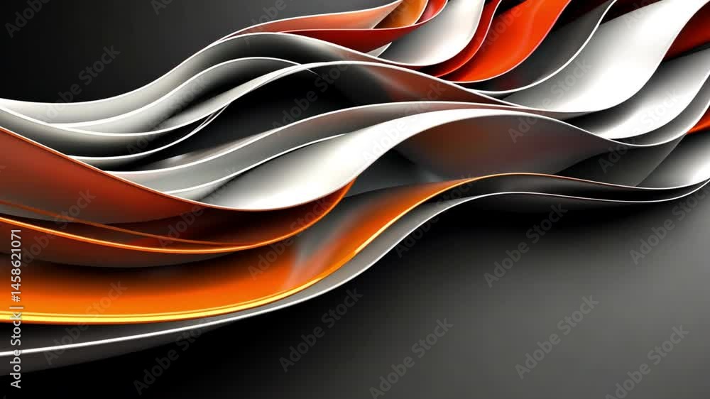 Poster dynamic abstract design of flowing ribbons and waves in orange, gray, and white visual journey of mo