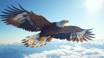 Fototapeta premium Majestic bald eagle soaring above mountainous cloudscape.