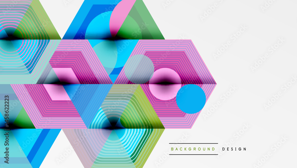 Poster Abstract geometric pattern. Vibrant lines, hexagons, circles create modern design. Bright colors, dynamic composition.