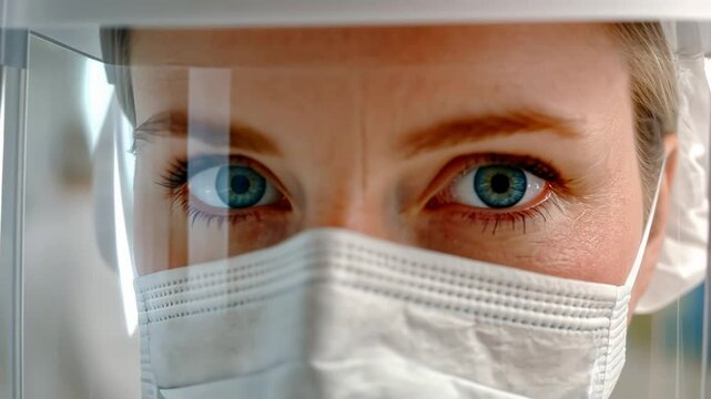 Healthcare professional wearing protective face shield and mask in medical setting.